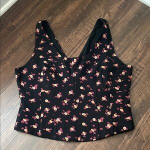 CAbi Black Corset Tank Top with Pink Floral Design